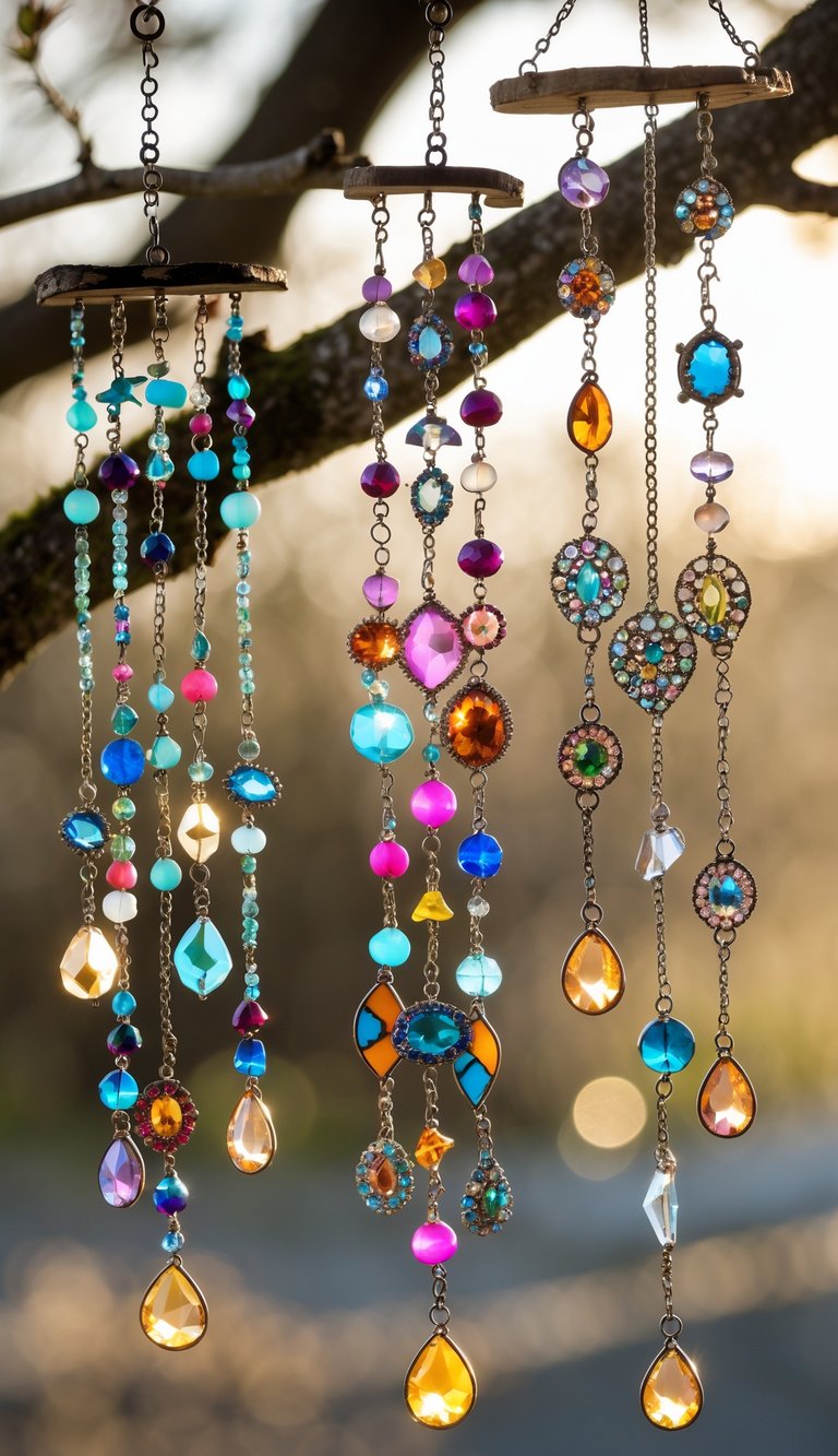 A set of wind chimes made from broken jewelry pieces hanging outdoors with sunlight shining on them.